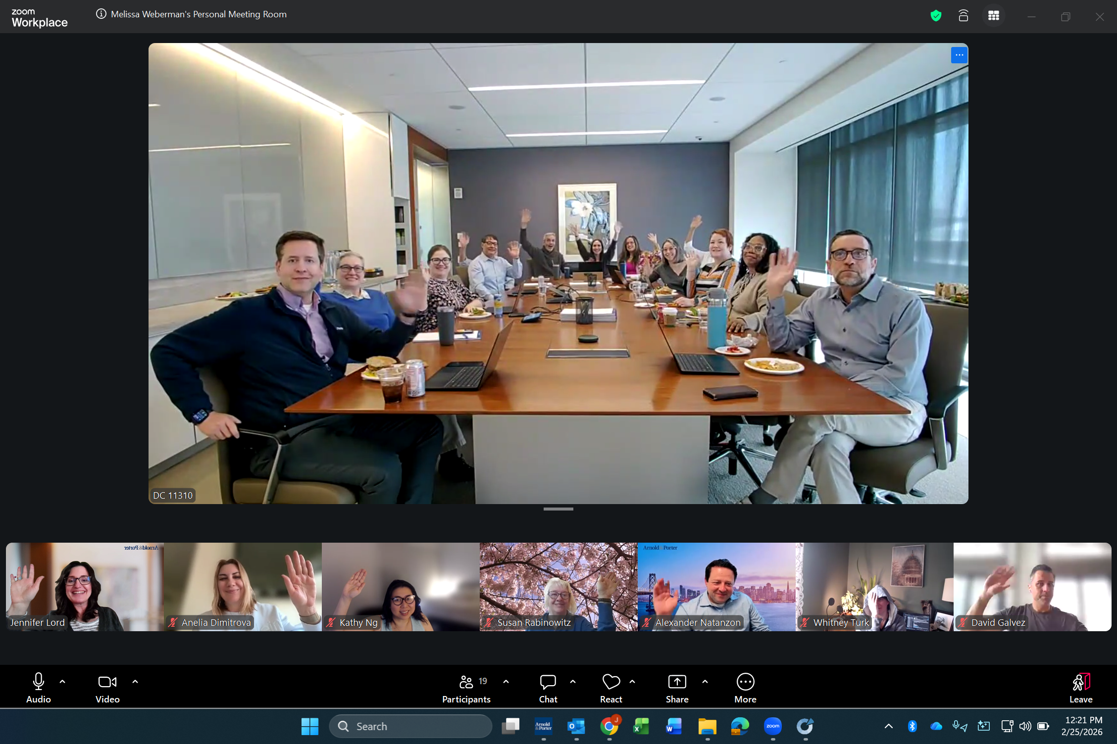 Arnold & Porter colleagues wave from a conference room and individual video-call windows while attending the 2026 conference virtually.