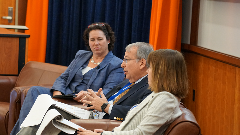 Three speakers discuss case law during a panel at the 2026 UF Law E-Discovery Conference.