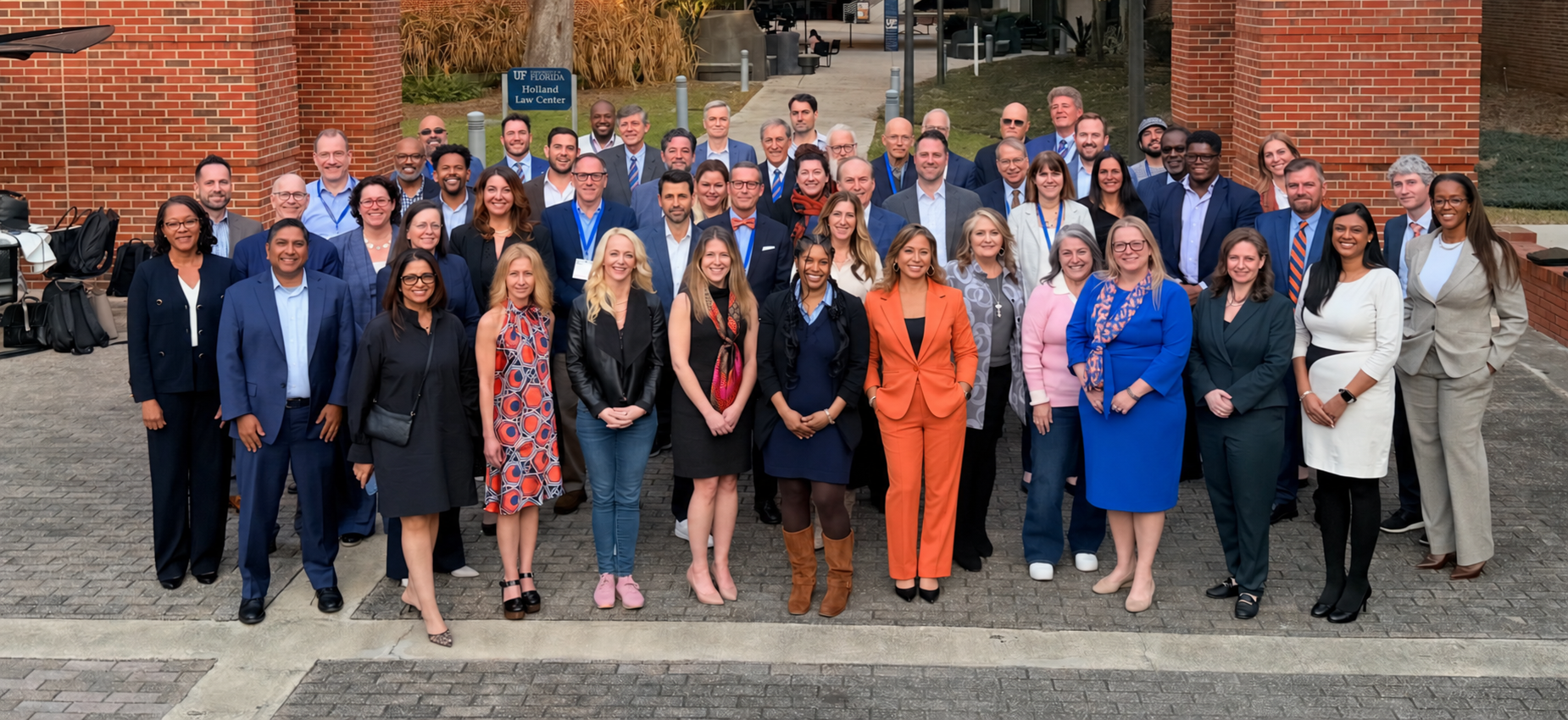 2026 UF Law E-Discovery Conference faculty gathered outside the Holland Law Center in Gainesville.